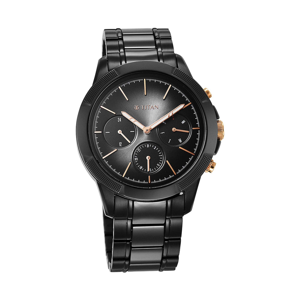 Titan Quartet Black Dial Analog with Day and Date Steel and Ceramic Strap watch for Men