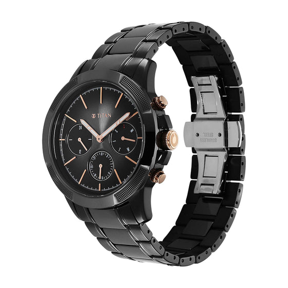 Titan Quartet Black Dial Analog with Day and Date Steel and Ceramic Strap watch for Men