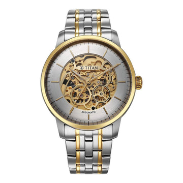 Titan Golden Heart Skeletal Automatic Analog with Silver Dial Dual-Tone Stainless Steel Strap Watch for Men