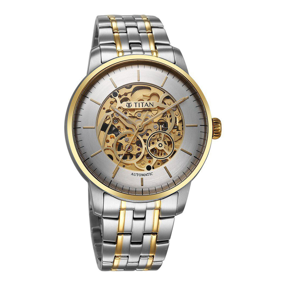 Titan Golden Heart Skeletal Automatic Analog with Silver Dial Dual-Tone Stainless Steel Strap Watch for Men