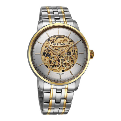 Titan Golden Heart Skeletal Automatic Analog with Silver Dial Dual-Tone Stainless Steel Strap Watch for Men