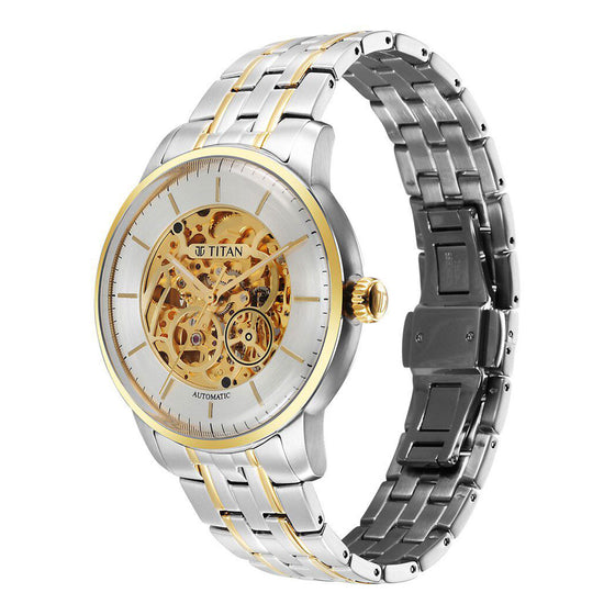 Titan Golden Heart Skeletal Automatic Analog with Silver Dial Dual-Tone Stainless Steel Strap Watch for Men