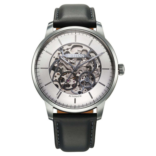 Titan Silver Dial Grey Leather Strap Automatic Watch for Men