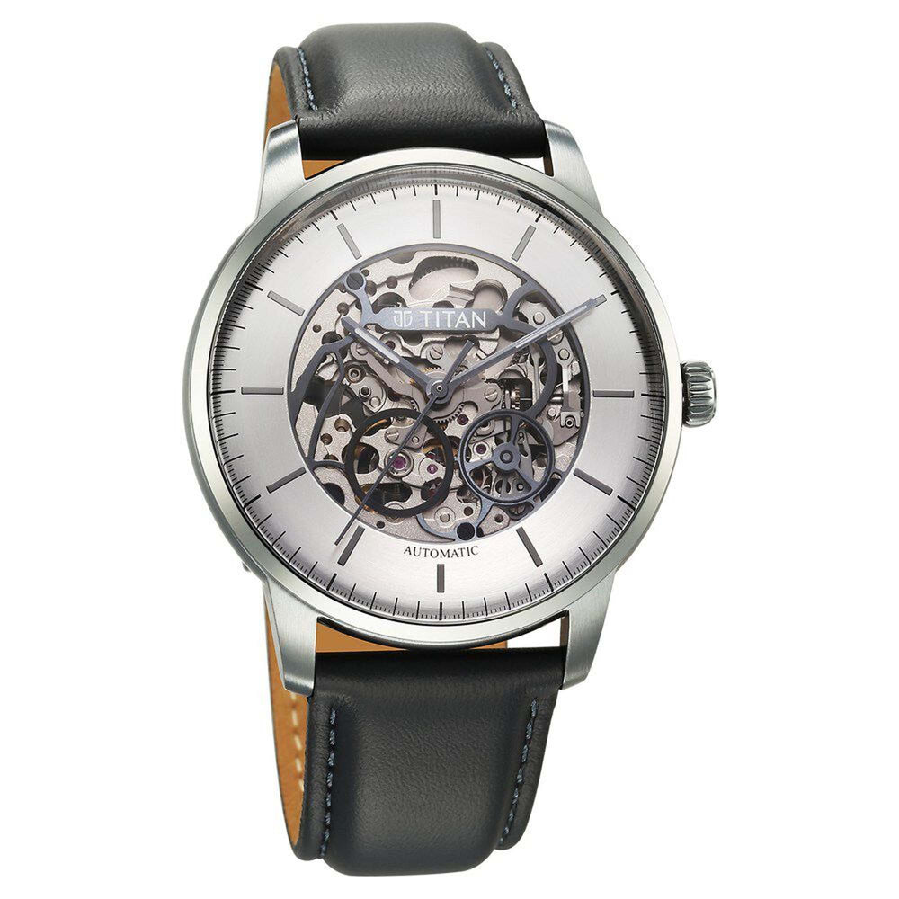 Titan Silver Dial Grey Leather Strap Automatic Watch for Men