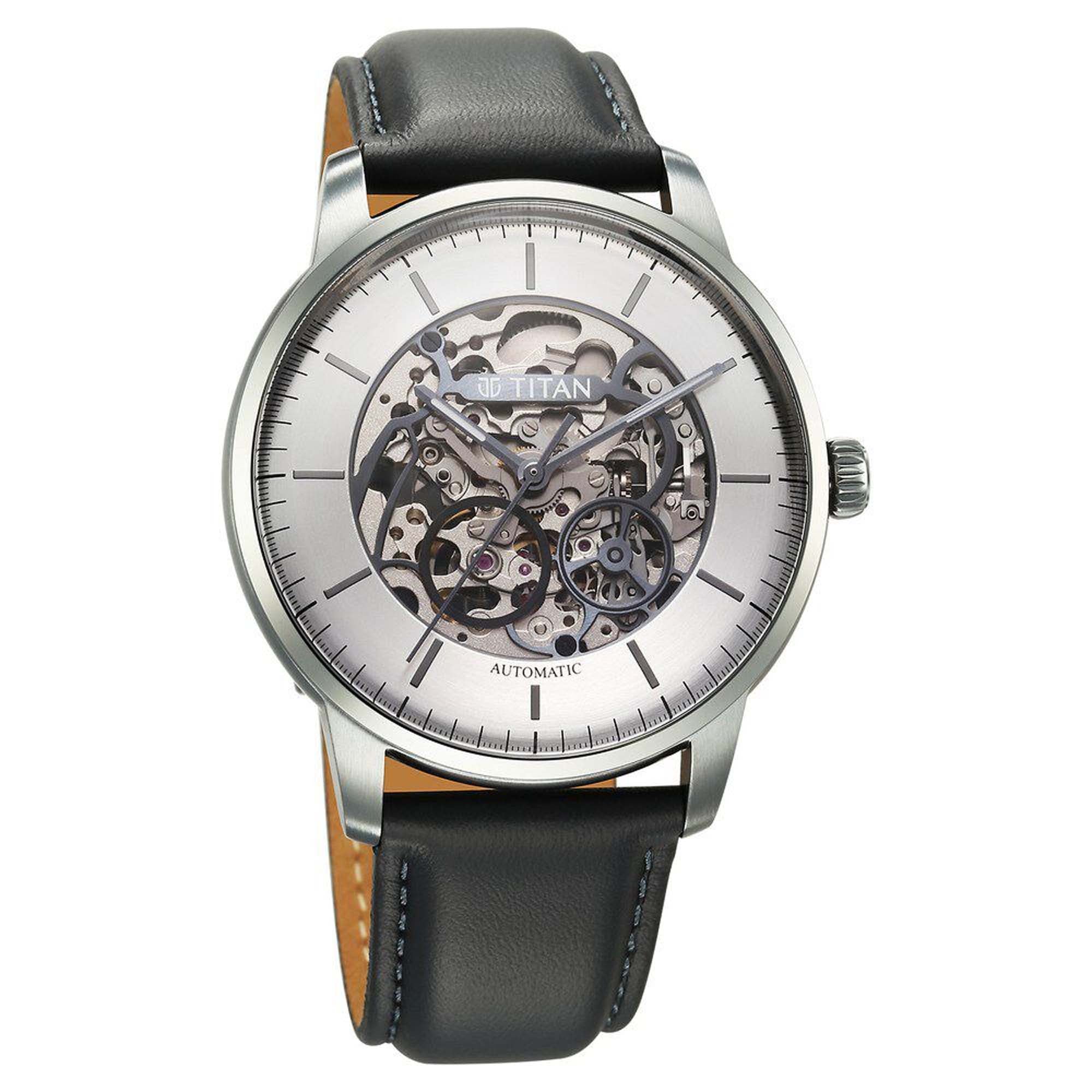 Titan Silver Dial Grey Leather Strap Automatic Watch for Men