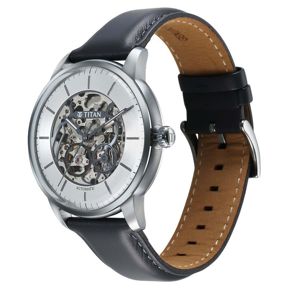 Titan Silver Dial Grey Leather Strap Automatic Watch for Men