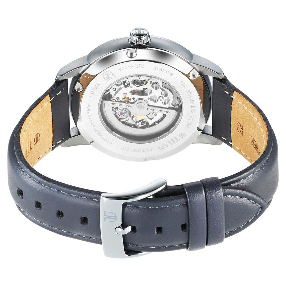Titan Silver Dial Grey Leather Strap Automatic Watch for Men