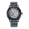 Striking Titan mechanical watch with blue dial skeleton design & stainless steel mesh strap for men.