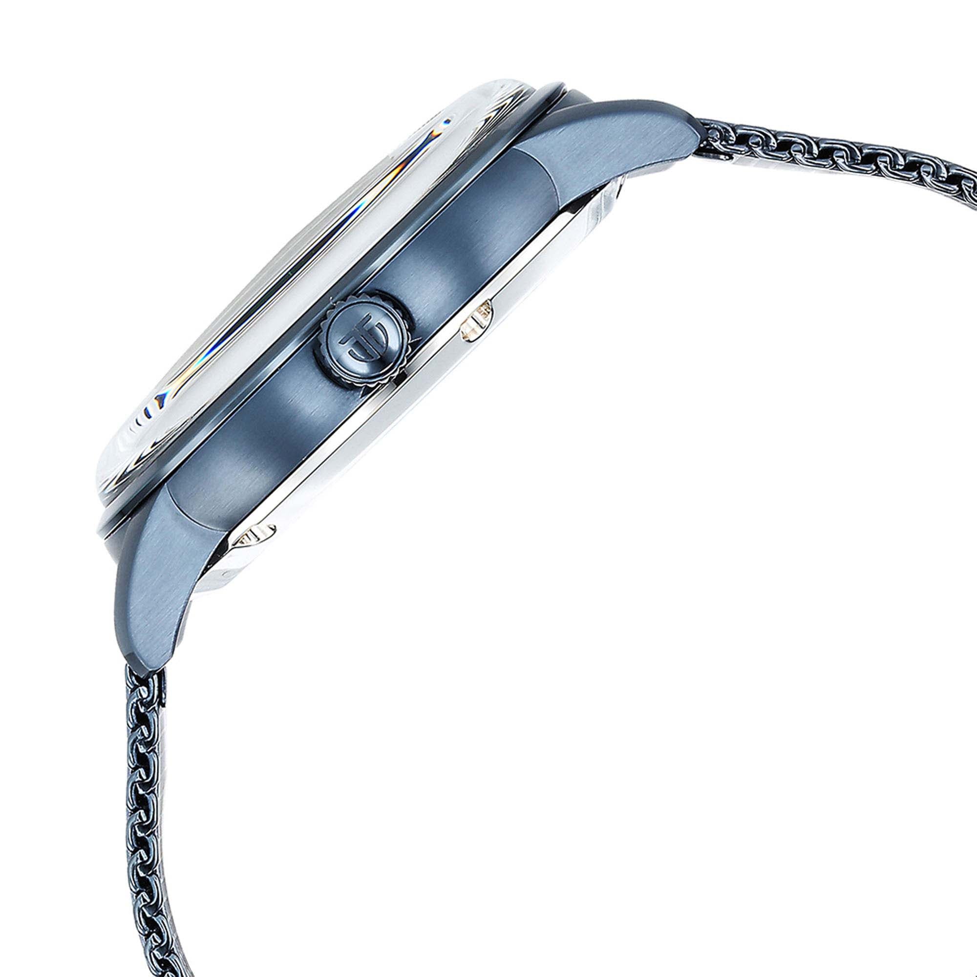 Side profile of Titan mechanical analog watch for men with blue case finish & stainless steel strap.