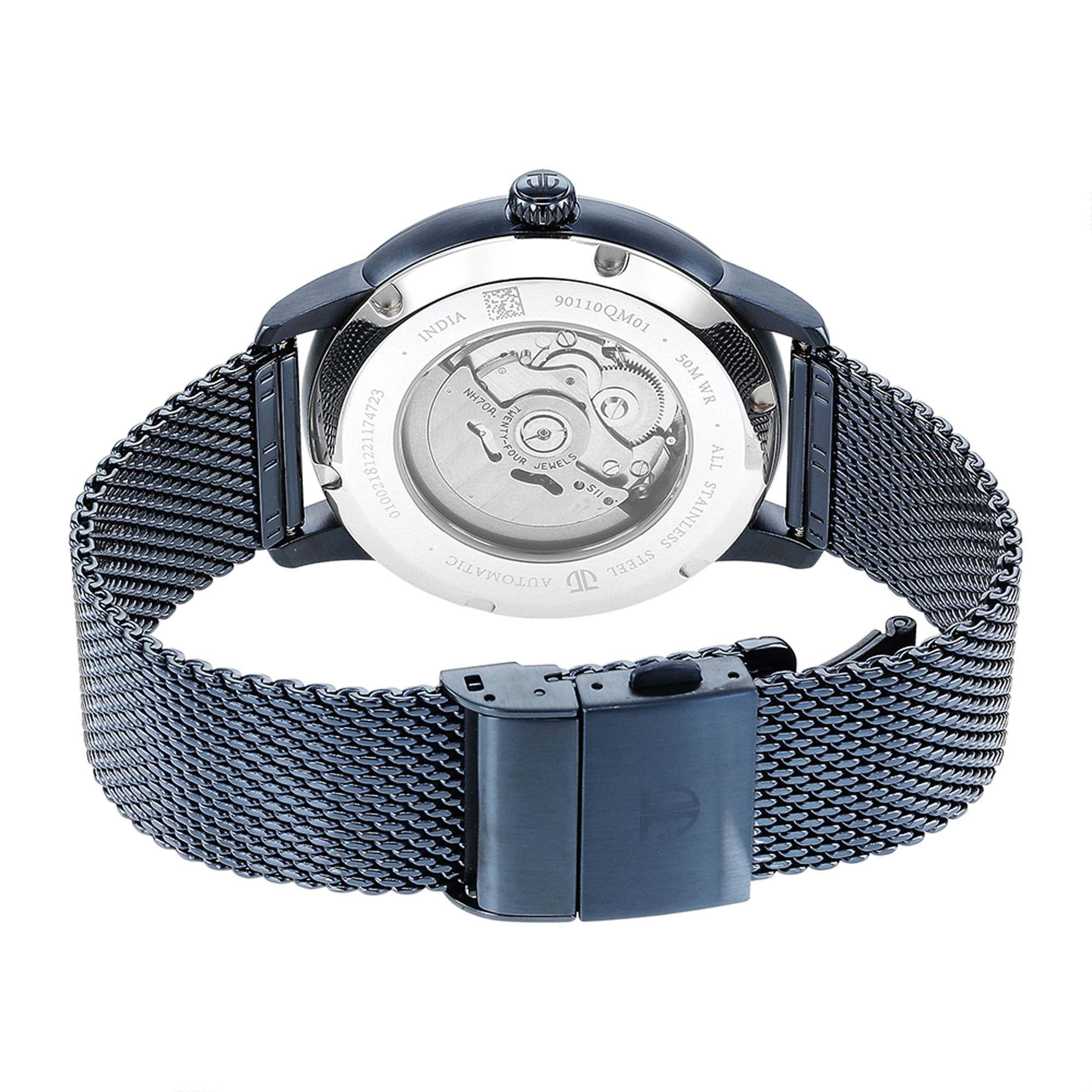 Back view of Titan automatic analog watch for men, revealing movement & blue stainless steel strap.