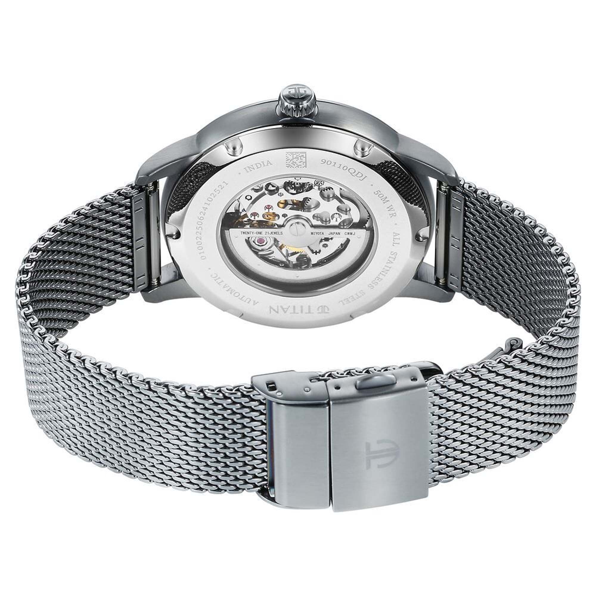 Titan Automatic Silver Dial Grey Color Stainless Steel Strap Watch For Men 90110QM02