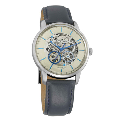 Titan Automatic Champagne Dial Blue Leather Strap Watch for Men