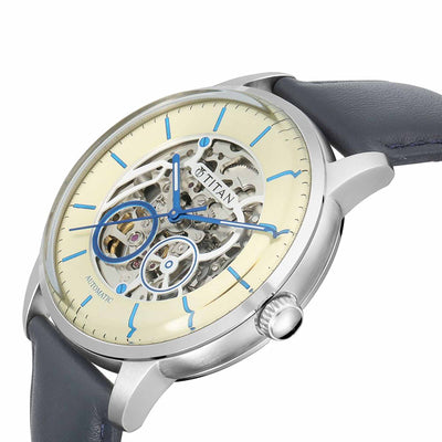 Titan Automatic Champagne Dial Blue Leather Strap Watch for Men