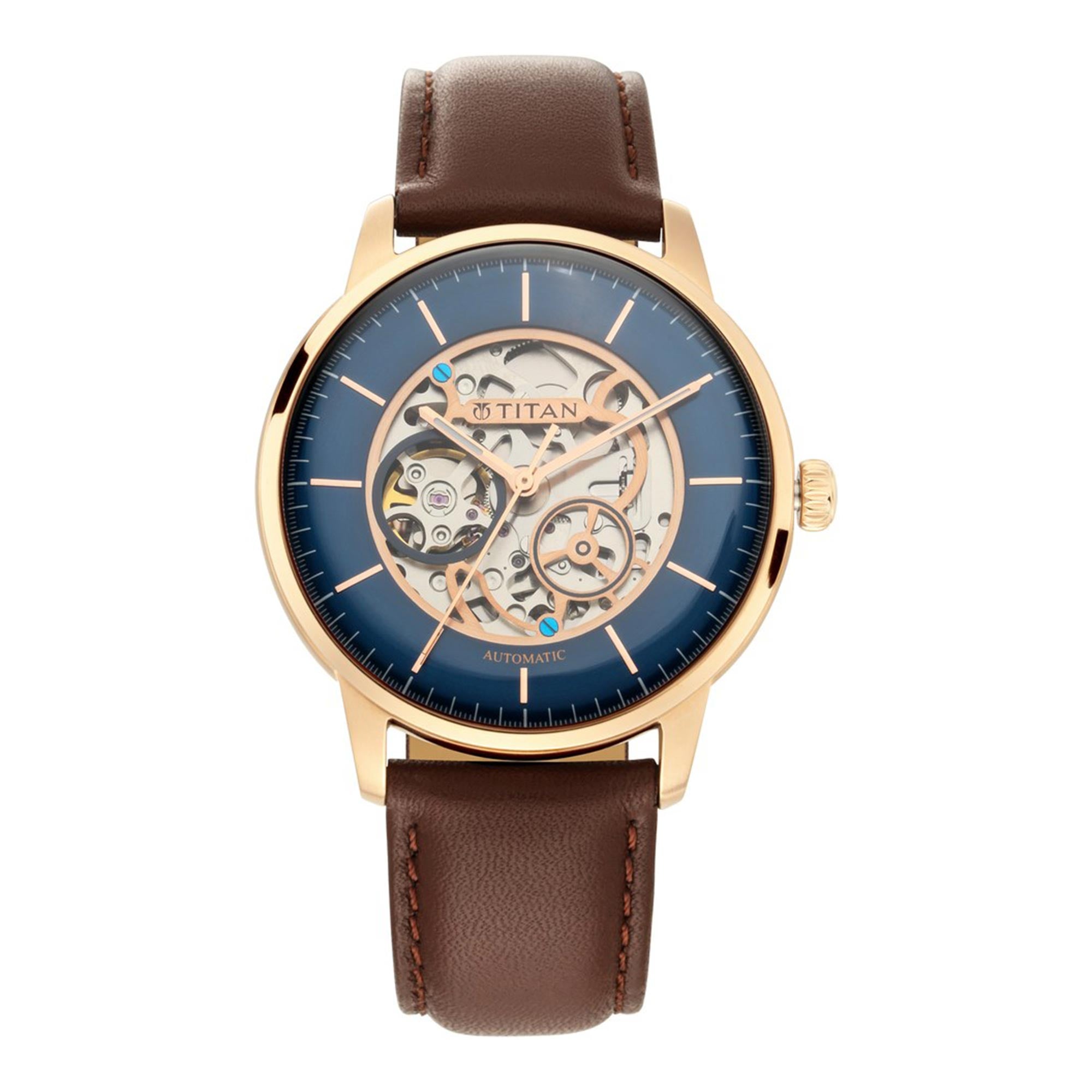 Titan Blue Dial Brown Leather Strap Automatic Watch for Men