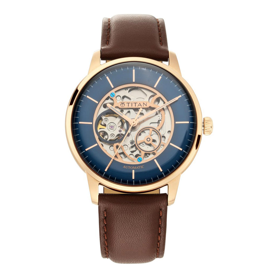 Titan Blue Dial Brown Leather Strap Automatic Watch for Men