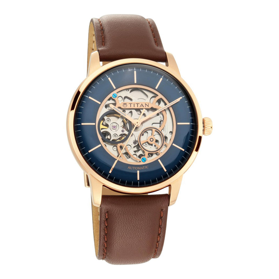 Titan Blue Dial Brown Leather Strap Automatic Watch for Men