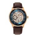 Elegant Titan automatic watch for men with green skeleton dial, rose goldcase & brown leather strap.