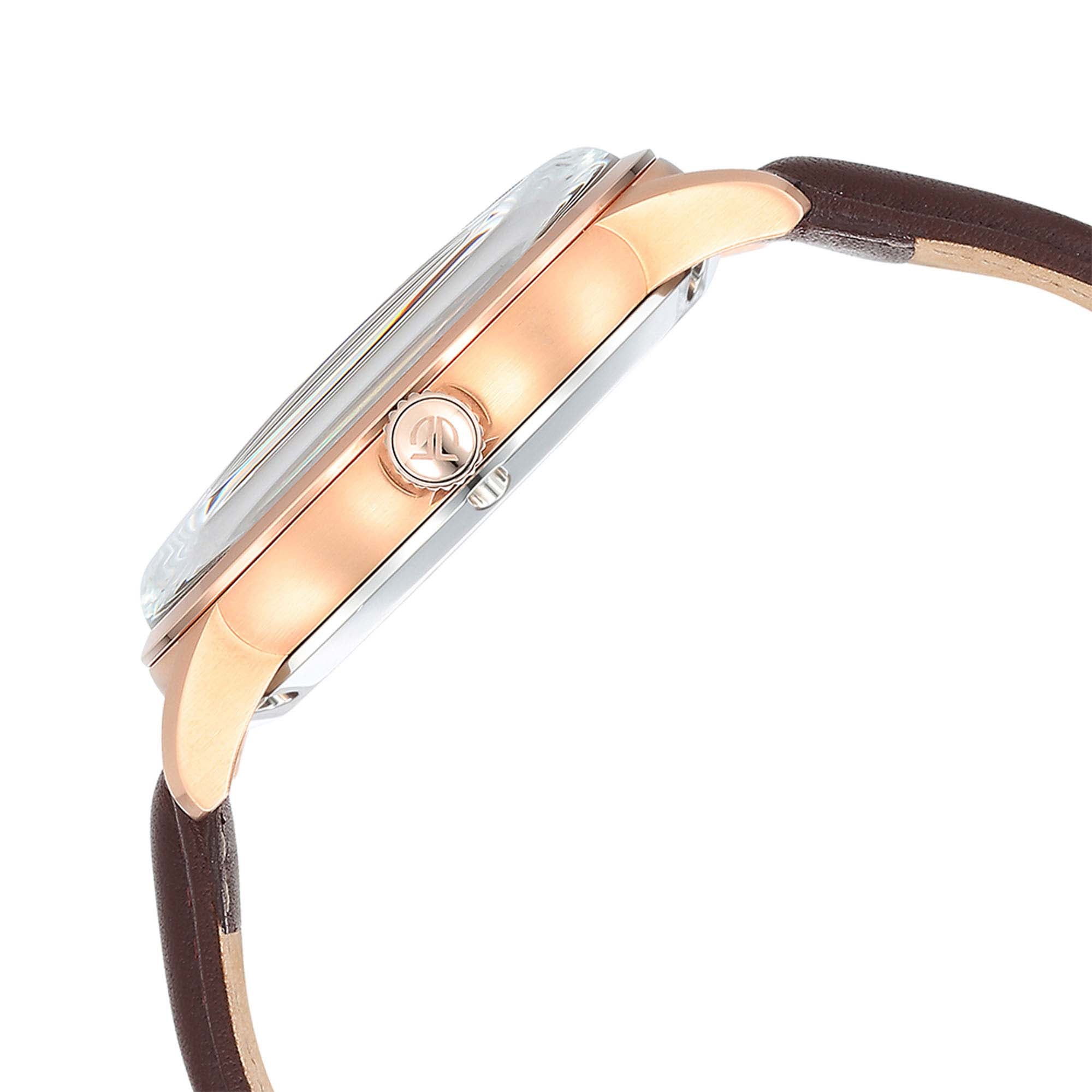 Side view of Titan automatic watch for men with rose gold case and brown leather strap, sleek crown.
