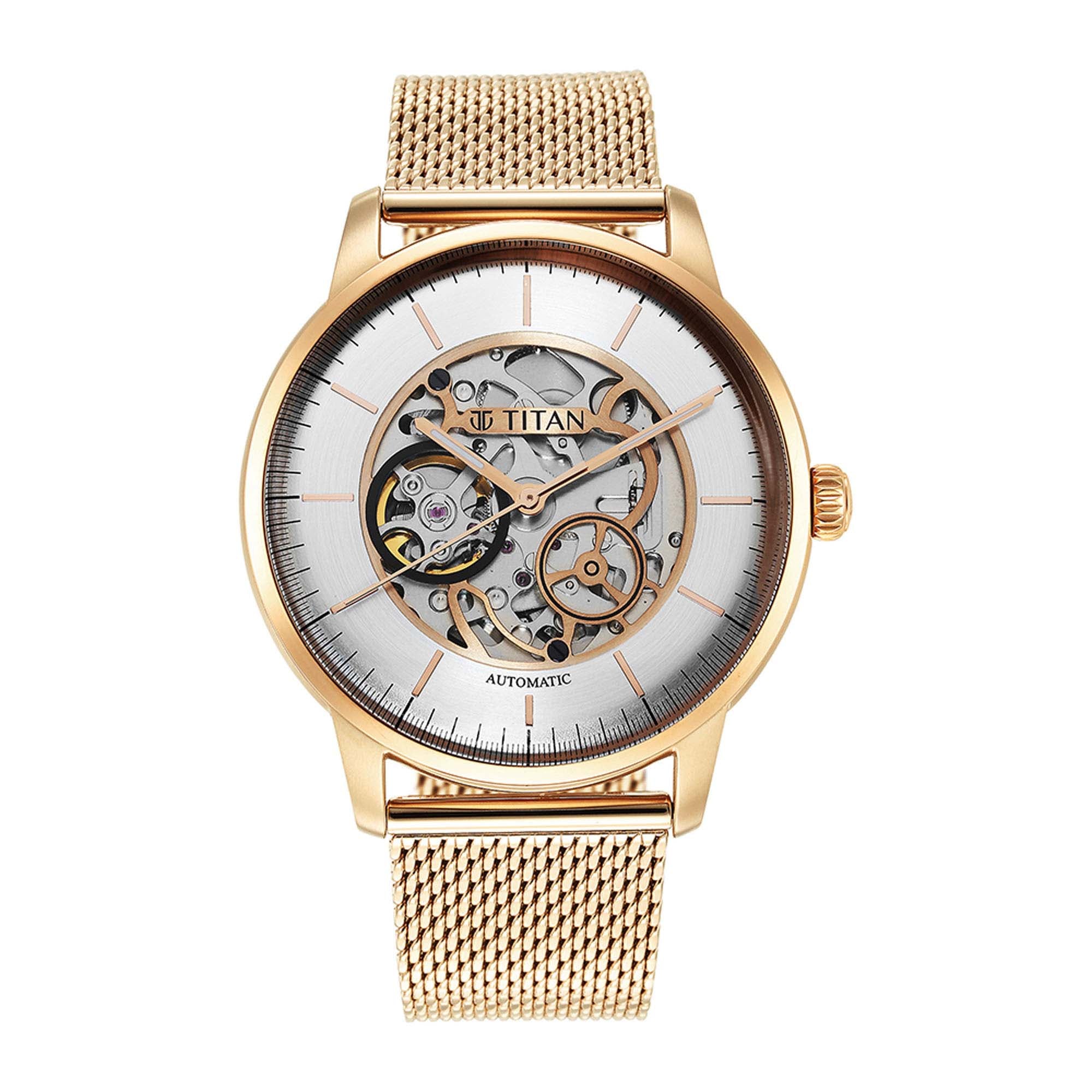 Titan Silver Dial Gold Stainless Steel Strap Skeletal Automatic Watch for Men