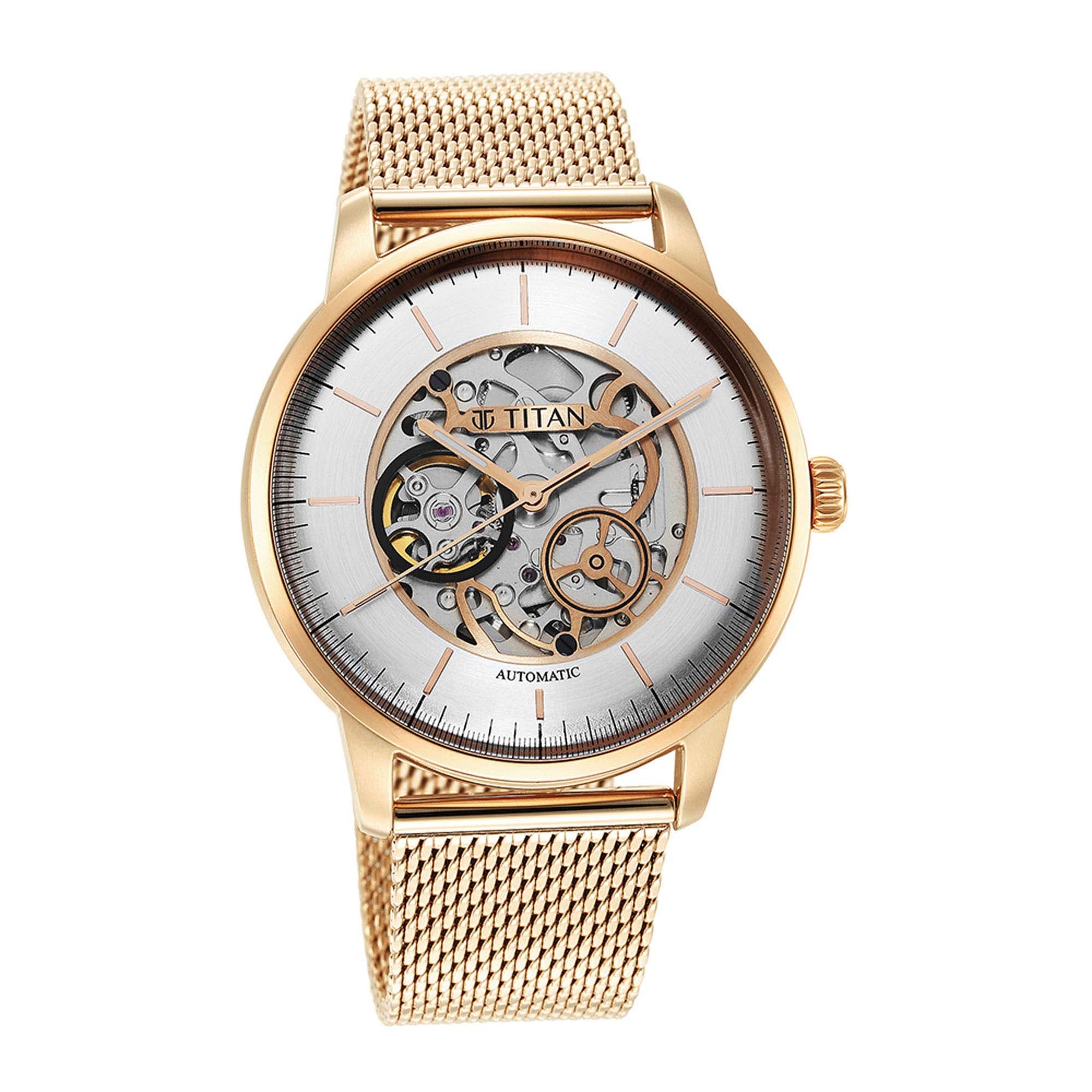 Titan Silver Dial Gold Stainless Steel Strap Skeletal Automatic Watch for Men