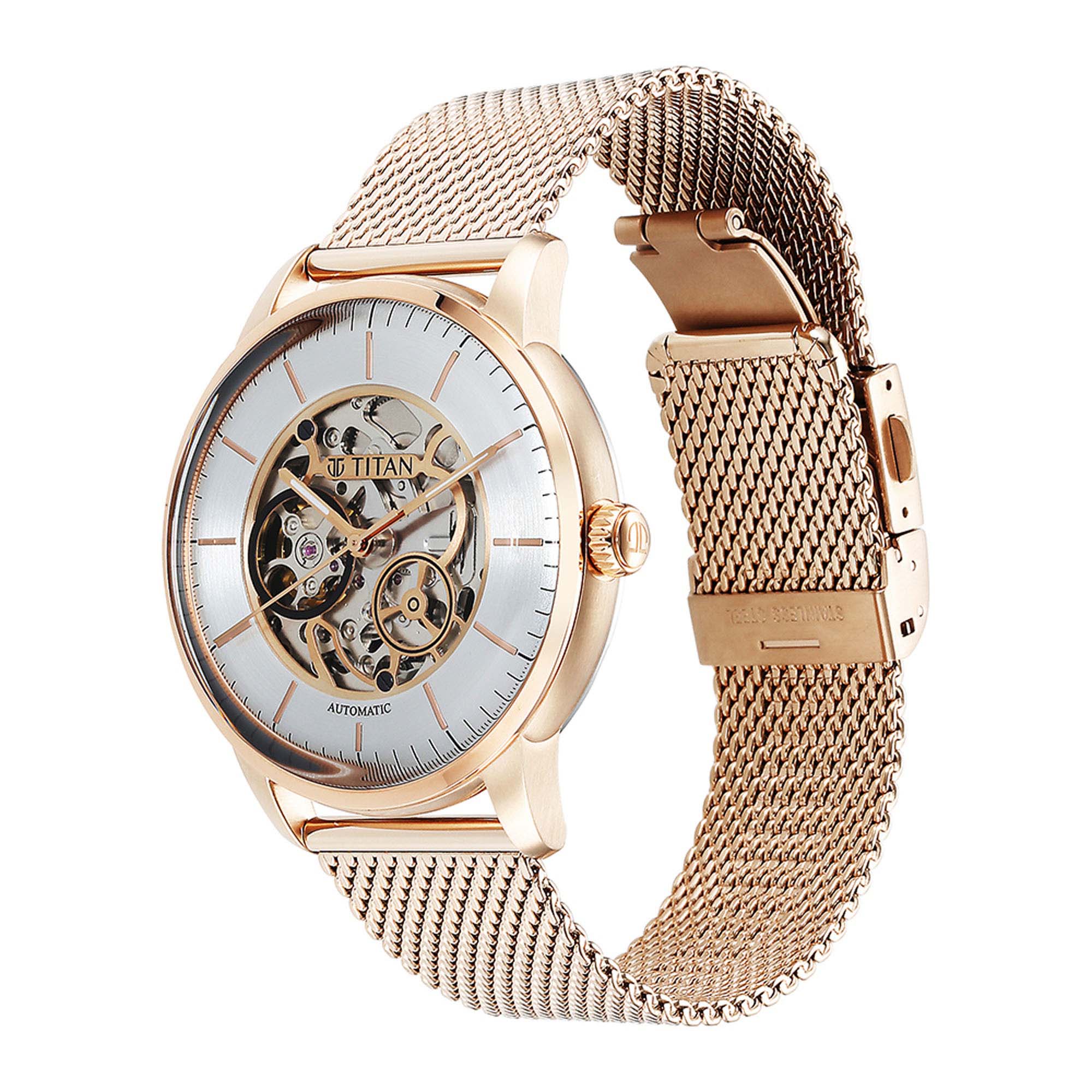 Titan Silver Dial Gold Stainless Steel Strap Skeletal Automatic Watch for Men