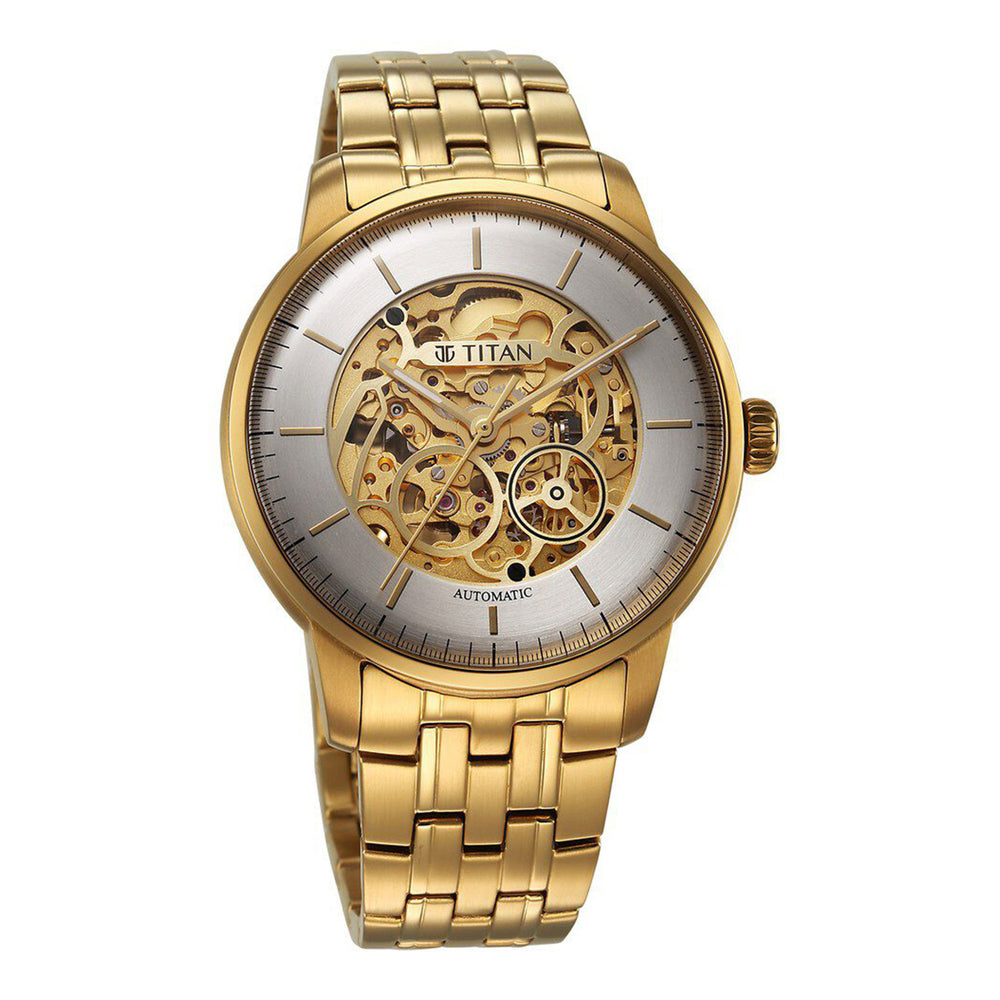 Titan Golden Heart Skeletal Automatic Analog with Silver Dial Yellow Gold Stainless Steel Strap Watch for Men