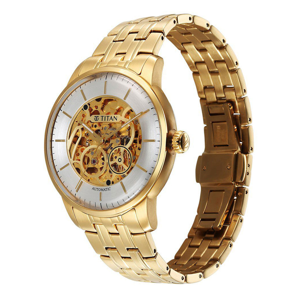 Titan Golden Heart Skeletal Automatic Analog with Silver Dial Yellow Gold Stainless Steel Strap Watch for Men