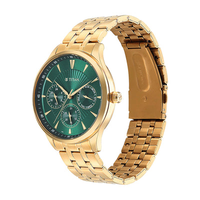 Titan Green Dial Gold Stainless Steel Strap Multifunction Watch for Men