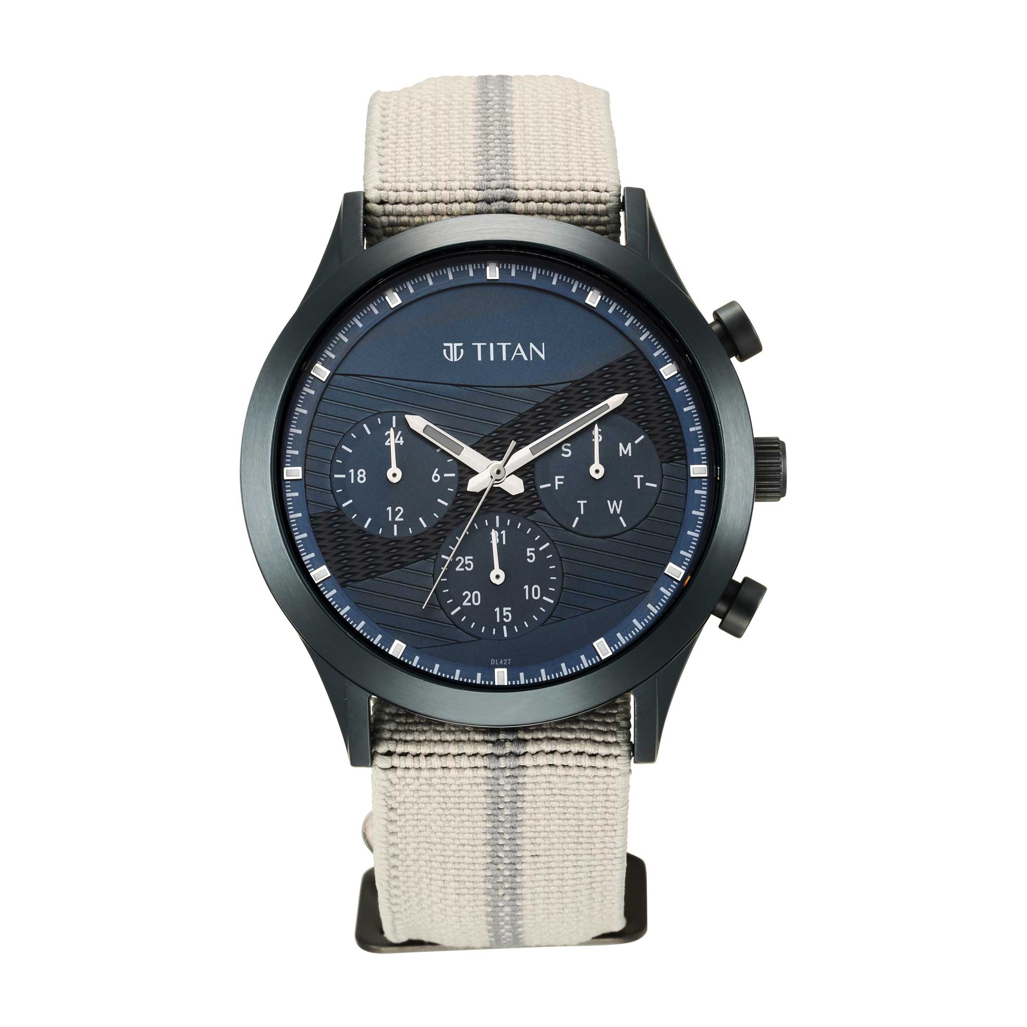 Titan Blue Dial Grey Nylon Strap Multifunction Watch for Men