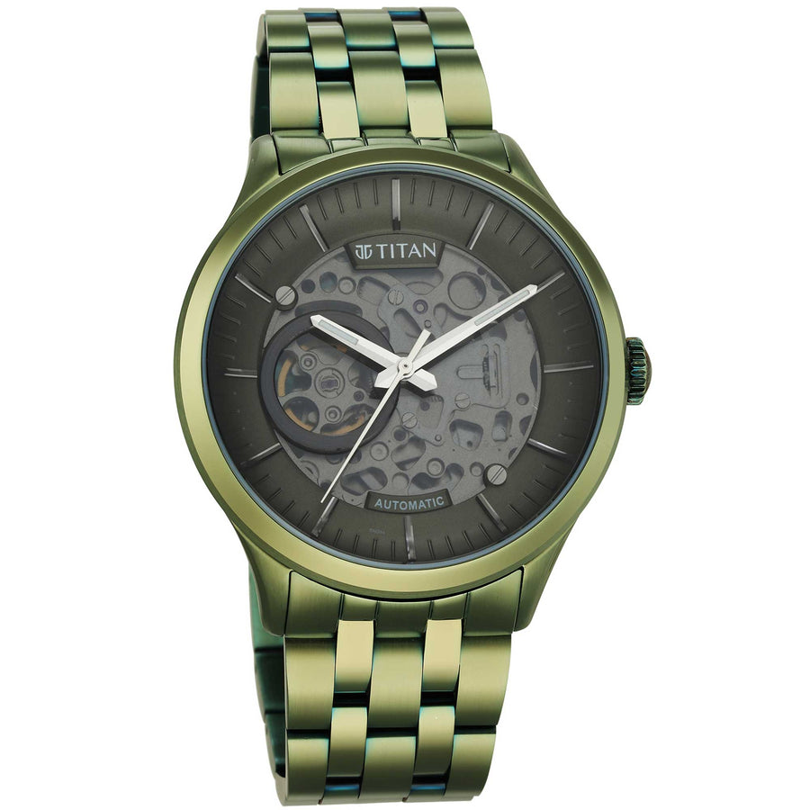 Titan Grey Dial Green Stainless Steel Strap Automatic Watch for Men