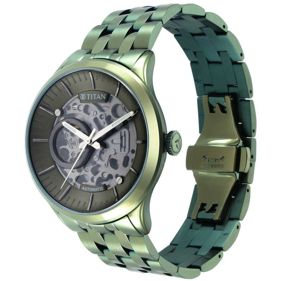 Titan Grey Dial Green Stainless Steel Strap Automatic Watch for Men