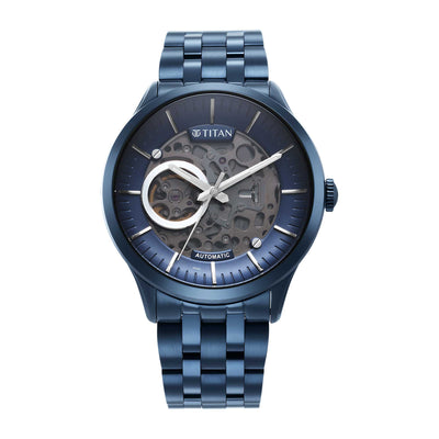 Titan Metal Mechanicals Blue Dial Blue Stainless Steel Strap Watch for Men