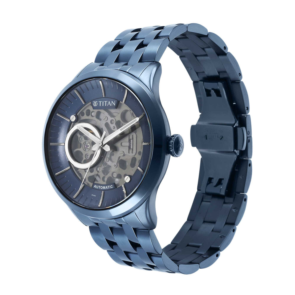 Titan Metal Mechanicals Blue Dial Blue Stainless Steel Strap Watch for Men