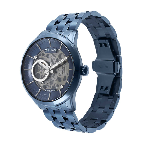 Titan Metal Mechanicals Blue Dial Blue Stainless Steel Strap Watch for Men