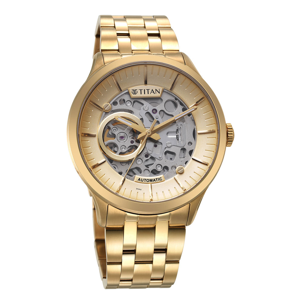 Titan Metal Mechanicals Golden Dial Golden Stainless Steel Strap Watch for Men
