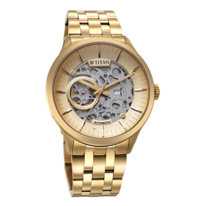 Titan Metal Mechanicals Golden Dial Golden Stainless Steel Strap Watch for Men
