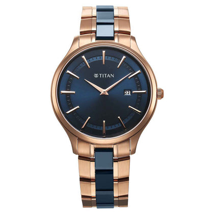 Titan Slim Ceramic Fusion Quartz Analog with Date Blue Dial Stainless Steel Strap Watch For Men