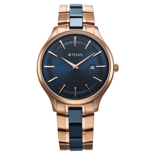 Titan Slim Ceramic Fusion Quartz Analog with Date Blue Dial Stainless Steel Strap Watch For Men (90142KD03)