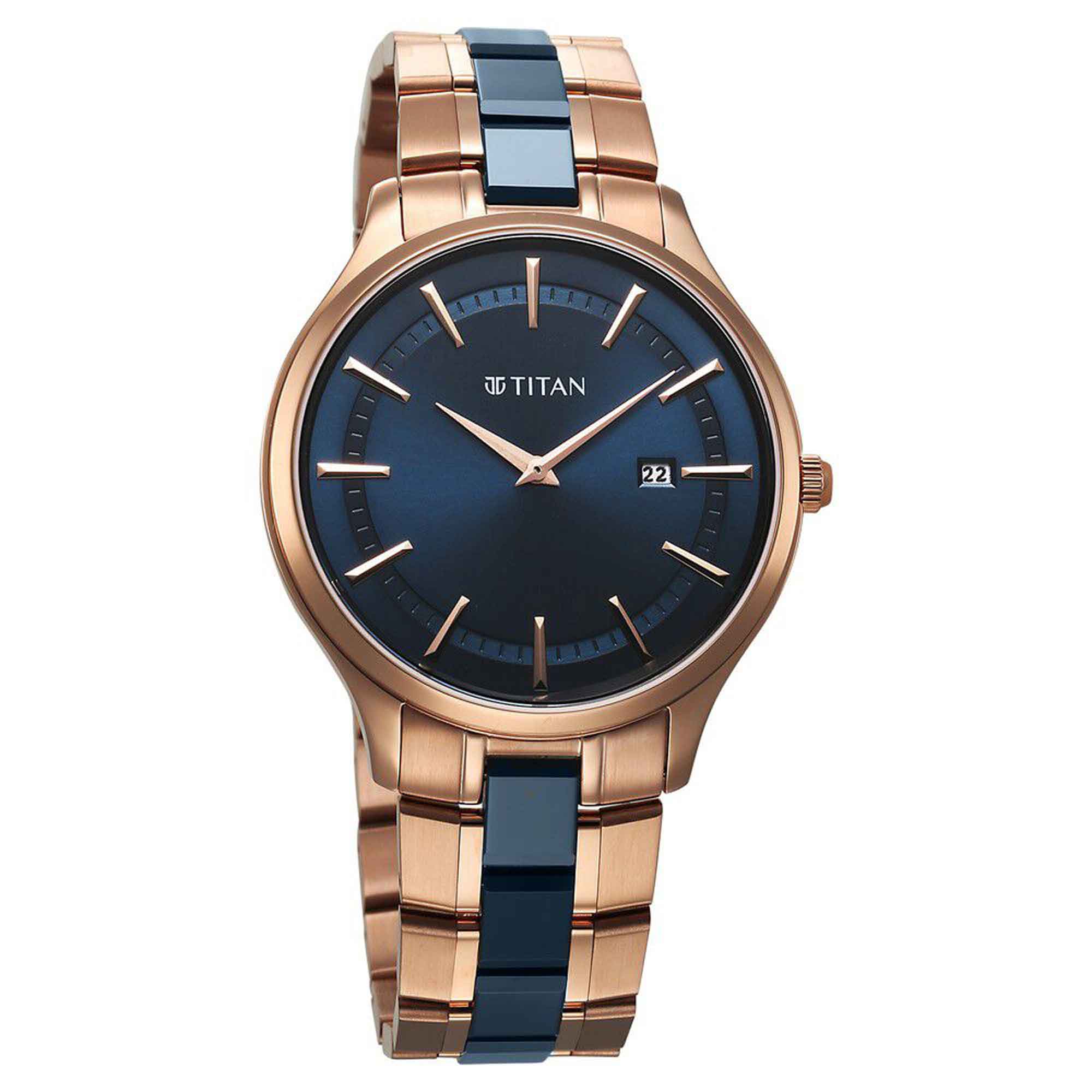 Titan Slim Ceramic Fusion Quartz Analog with Date Blue Dial Stainless Steel Strap Watch For Men (90142KD03)