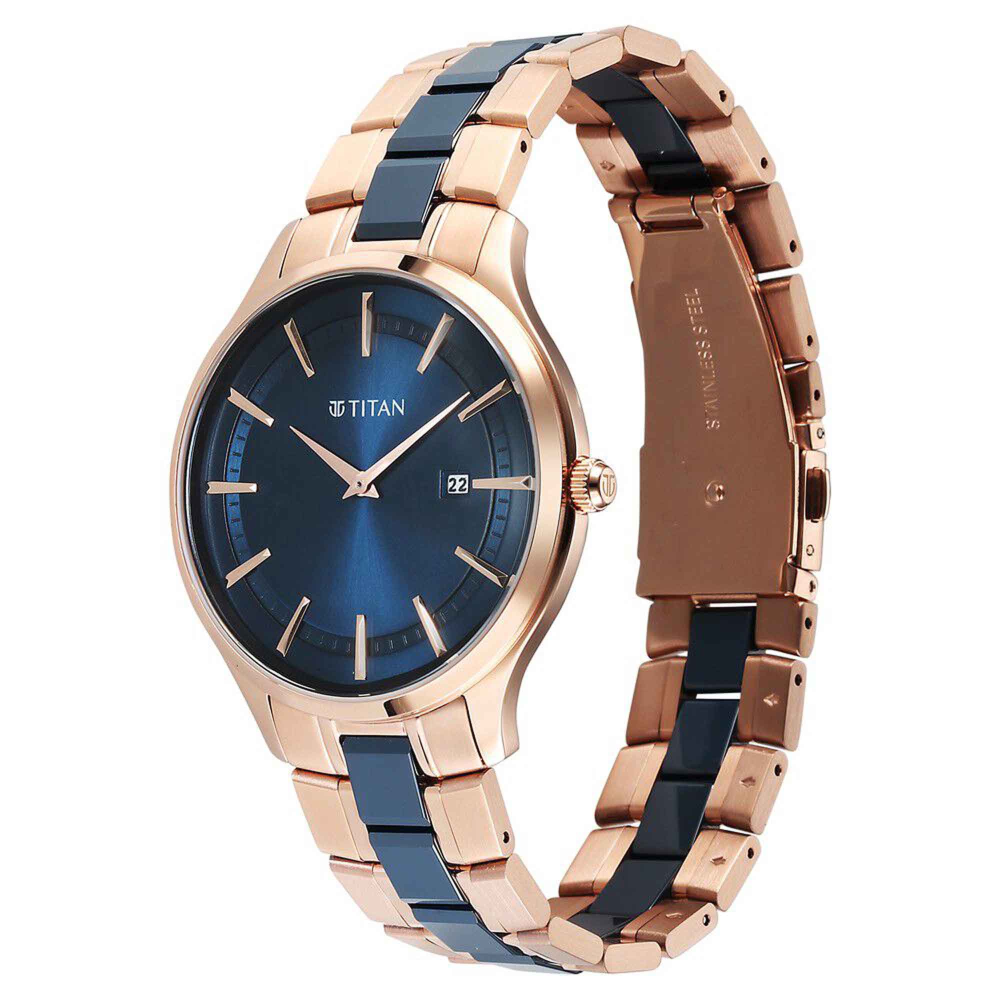 Titan Slim Ceramic Fusion Quartz Analog with Date Blue Dial Stainless Steel Strap Watch For Men (90142KD03)