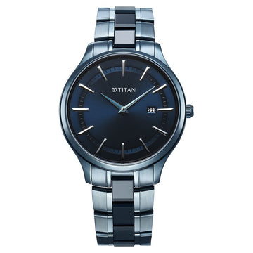 Titan Slim Ceramic Fusion Quartz Analog with Date Blue Dial Stainless Steel Strap Watch For Men