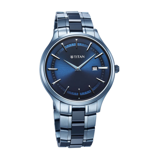 Titan Slim Ceramic Fusion Quartz Analog with Date Blue Dial Stainless Steel Strap Watch For Men (90142QD01)