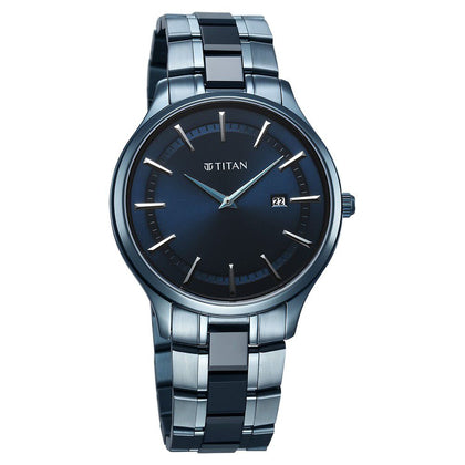 Titan Slim Ceramic Fusion Quartz Analog with Date Blue Dial Stainless Steel Strap Watch For Men