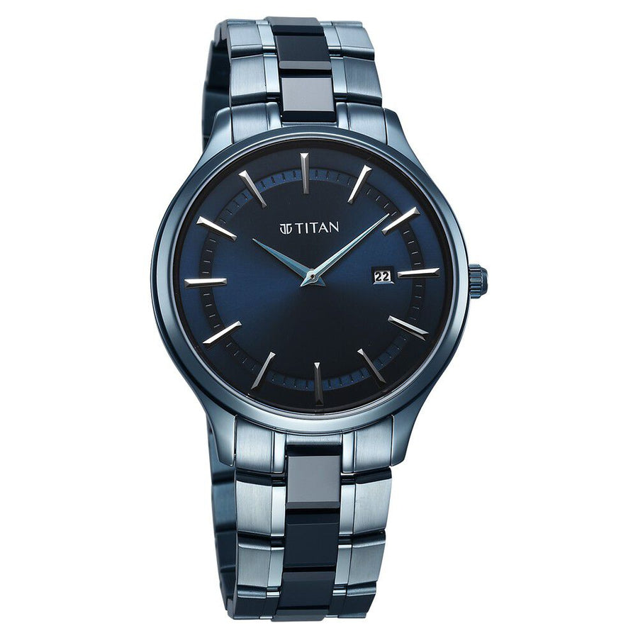 Titan Slim Ceramic Fusion Quartz Analog with Date Blue Dial Stainless Steel Strap Watch For Men