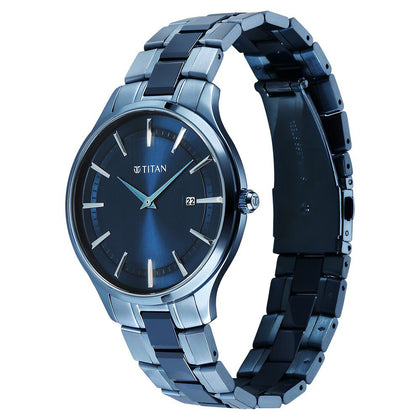 Titan Slim Ceramic Fusion Quartz Analog with Date Blue Dial Stainless Steel Strap Watch For Men