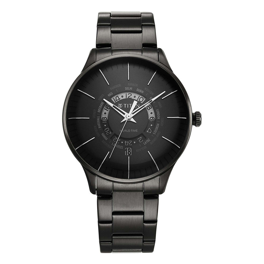 Titan Black Dial Stainless Steel Strap World Time with Date Watch for Men