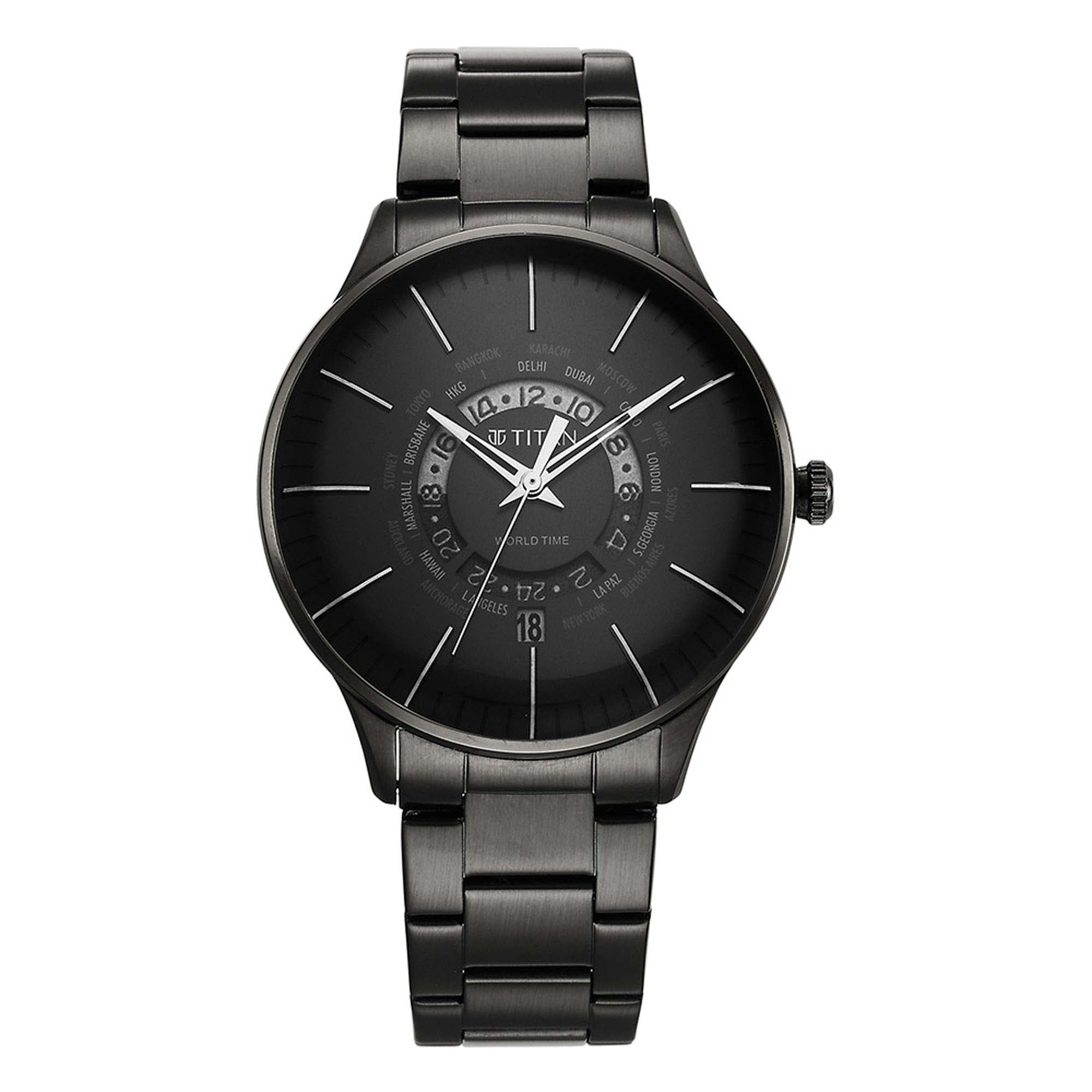 Titan Black Dial Stainless Steel Strap World Time with Date Watch for Men