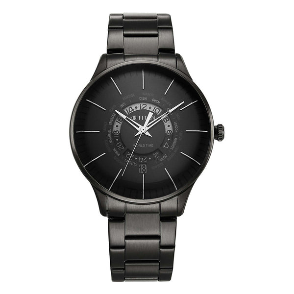 Titan Black Dial Stainless Steel Strap World Time with Date Watch for Men