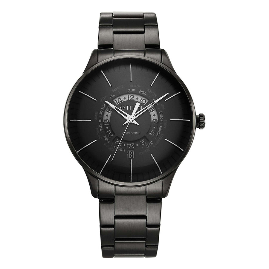 Titan Black Dial Stainless Steel Strap World Time with Date Watch for Men