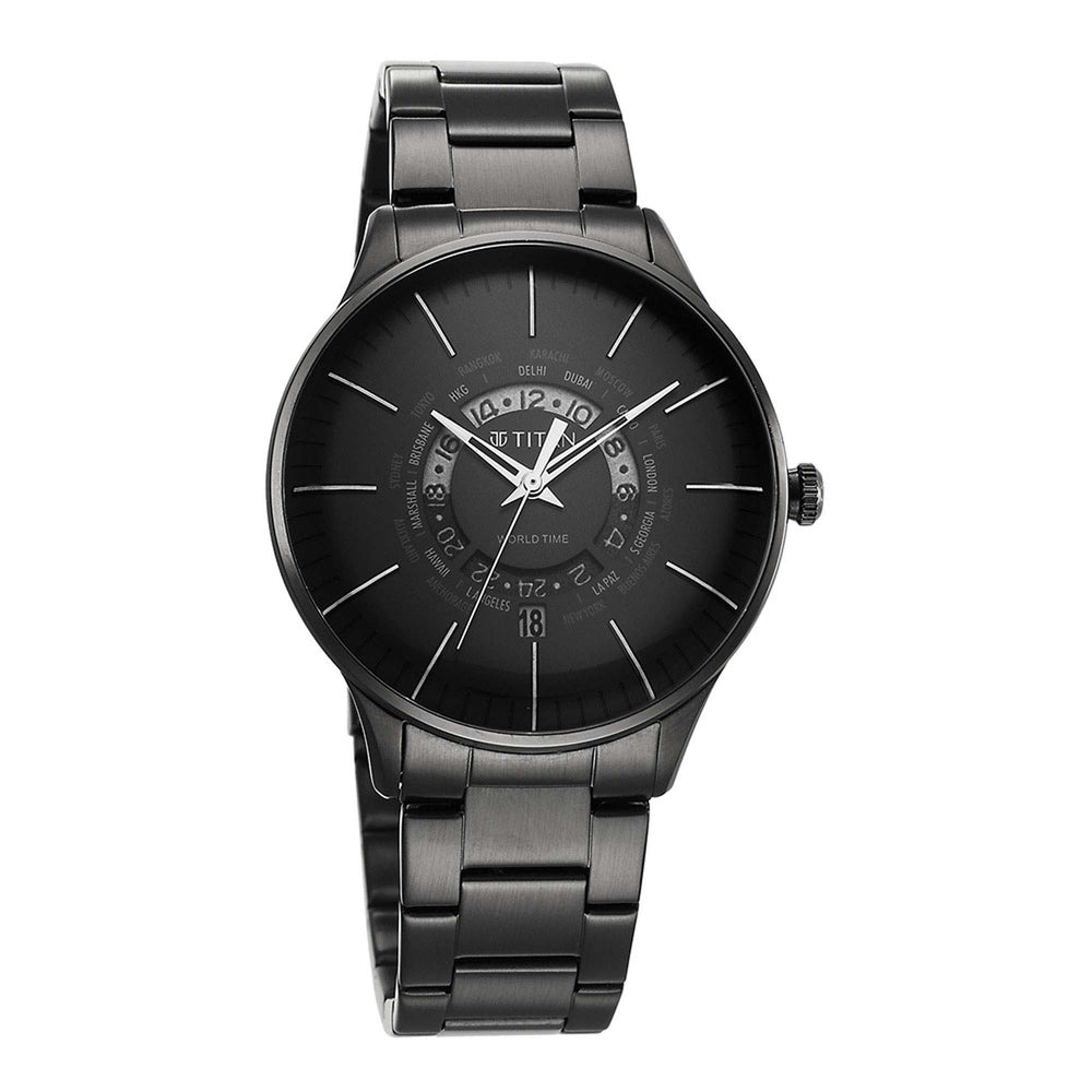 Titan Black Dial Stainless Steel Strap World Time with Date Watch for Men